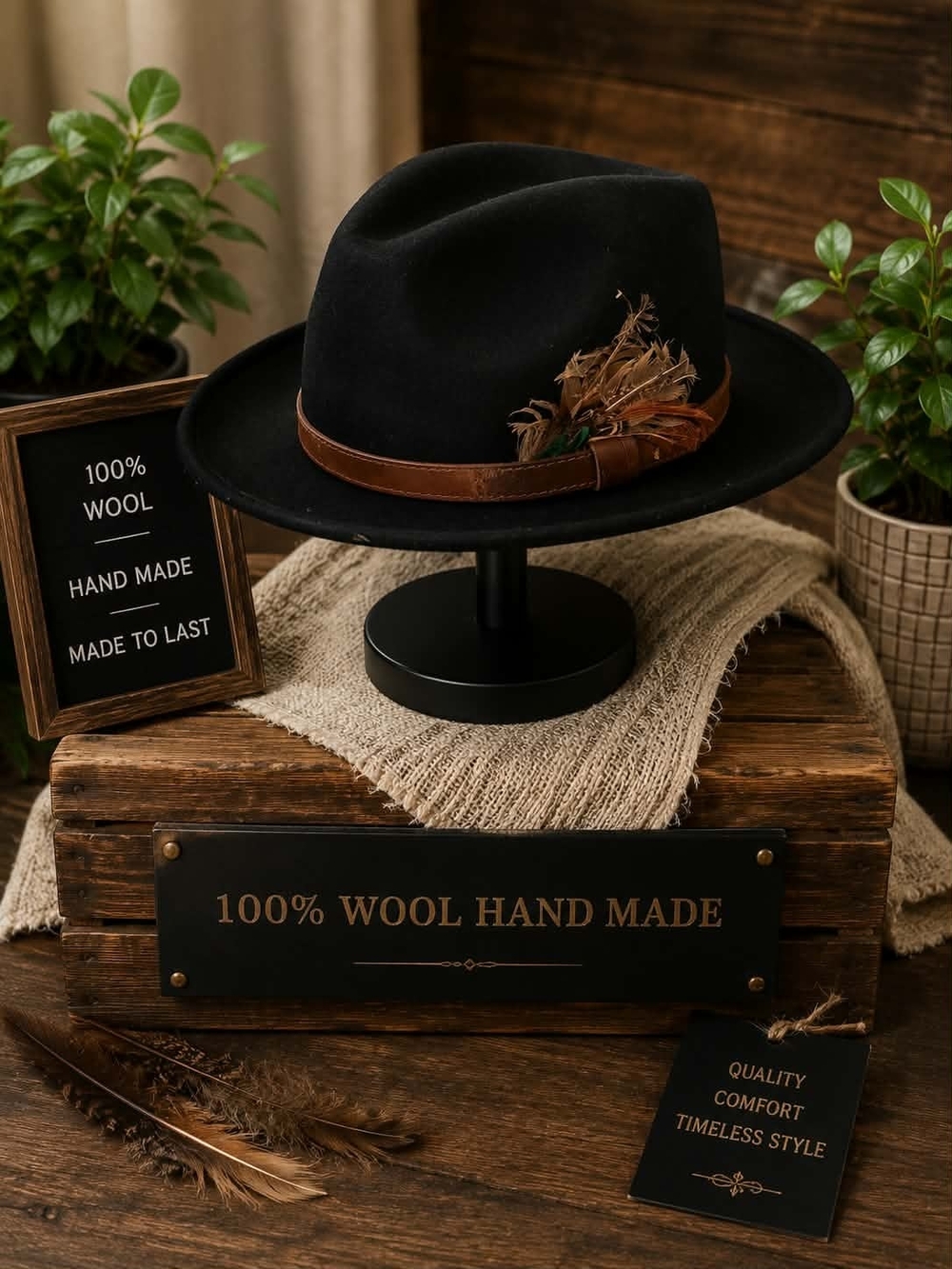 Black Wool Fedora with Brown Leather Band and Feather Accent